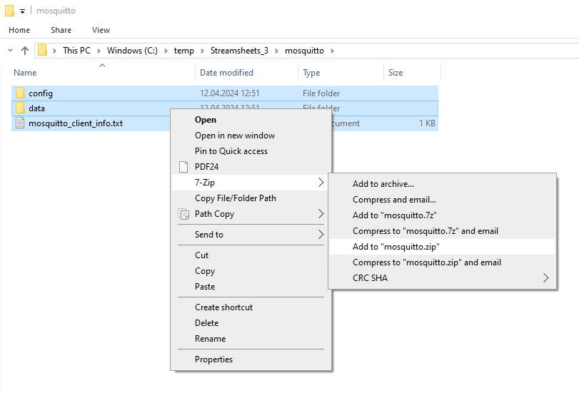 Zip mosquitto folder