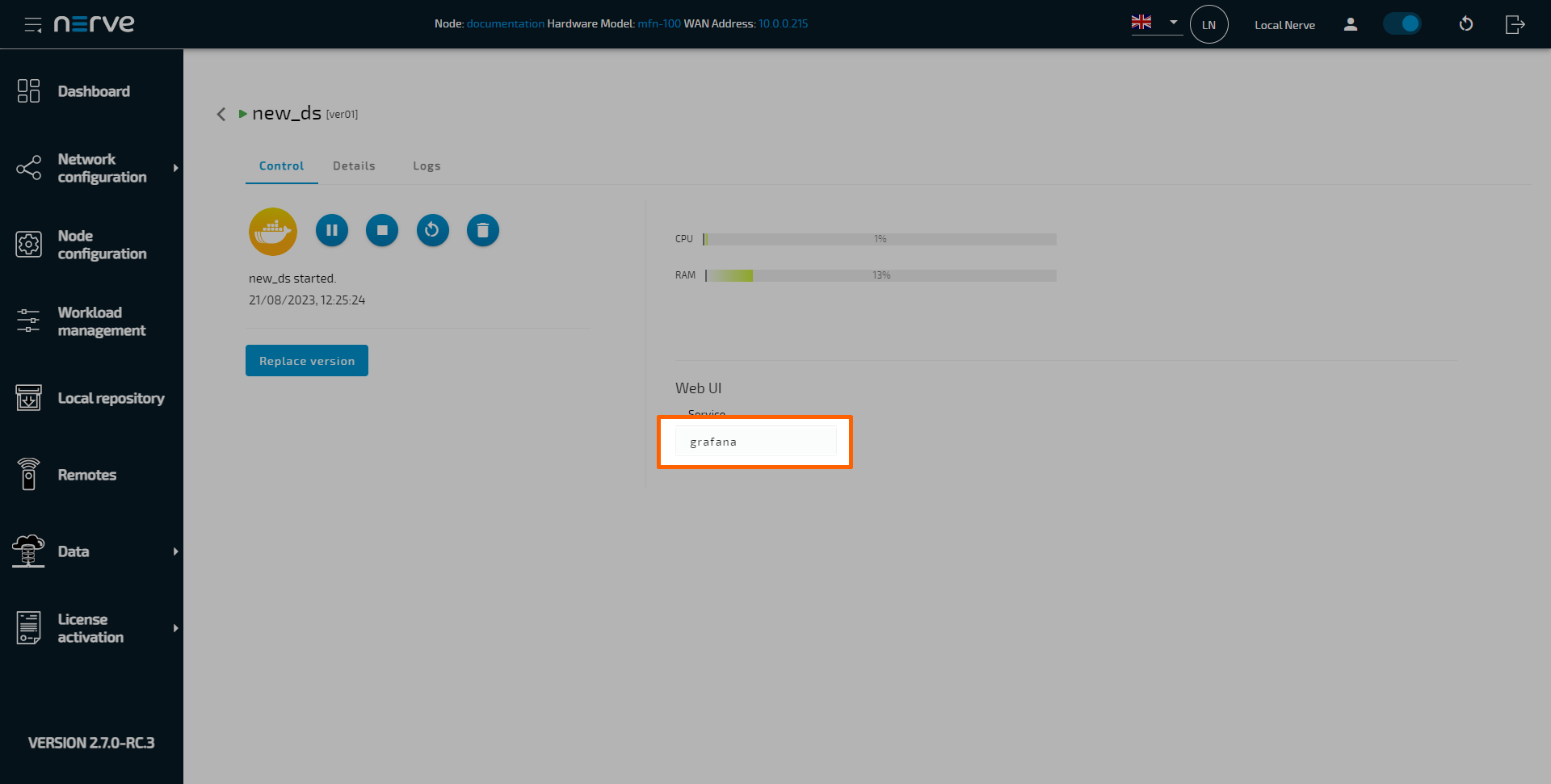 Select the Grafana web UI link