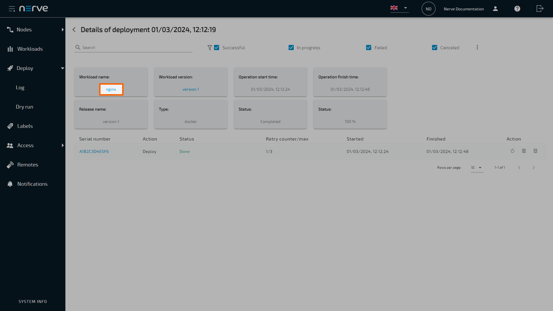 Deployment log link workload name