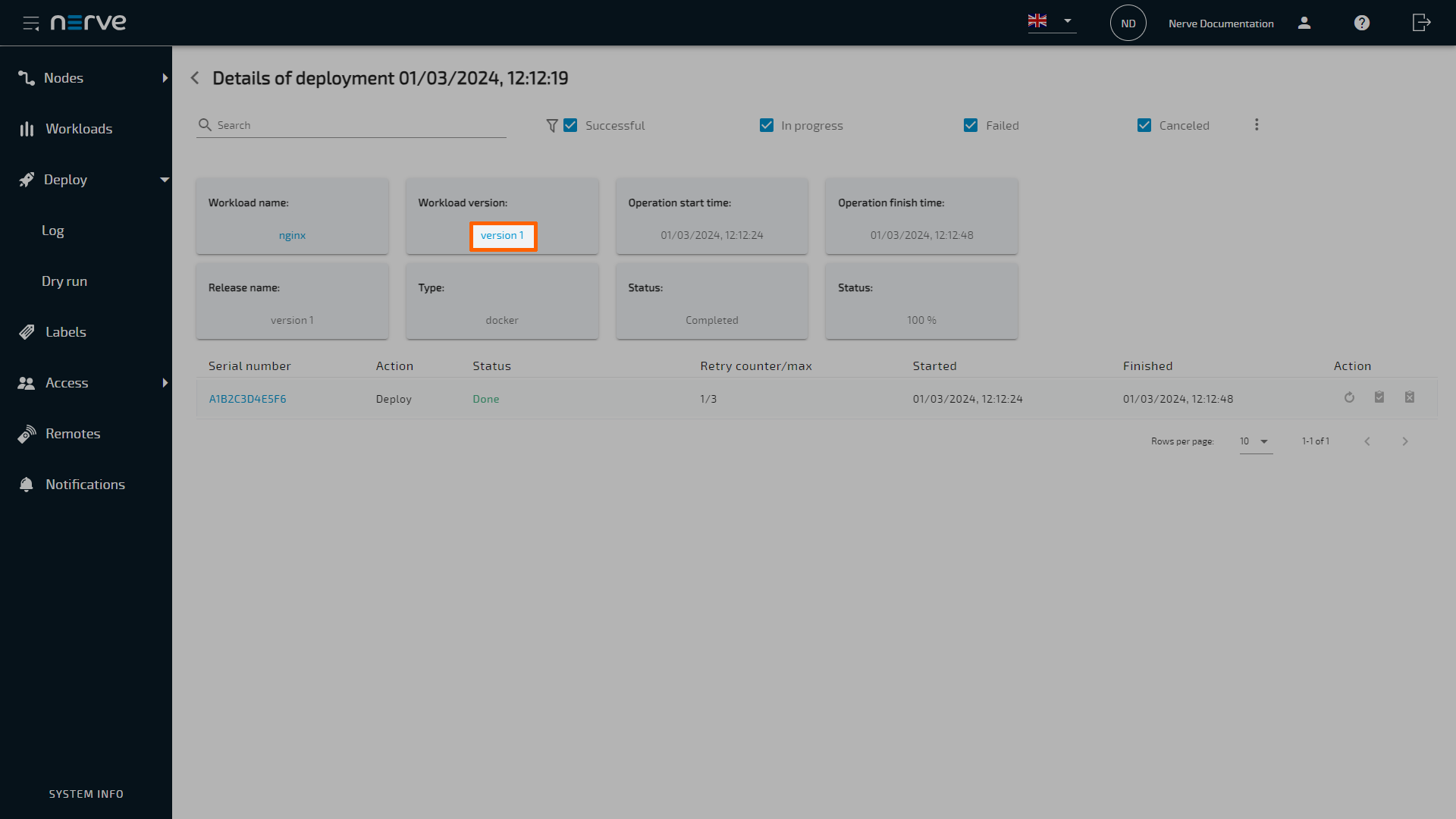 Deployment log link workload version name