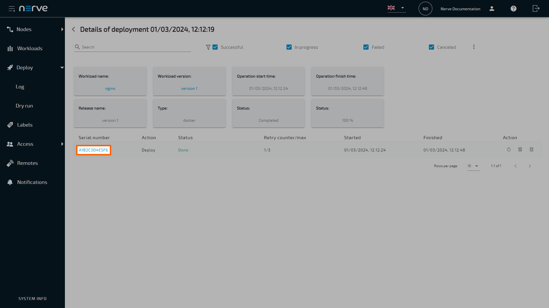 Deployment log link node serial