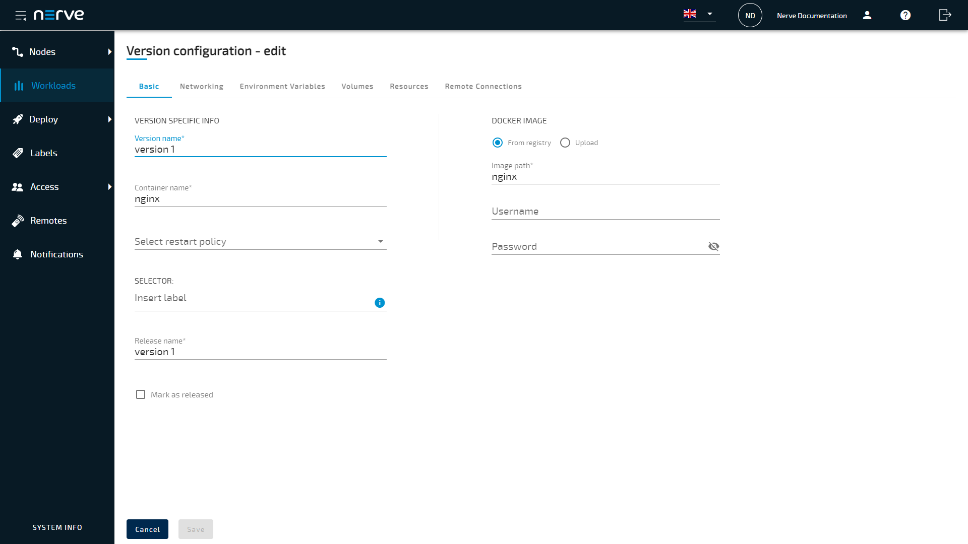 Workload configuration settings