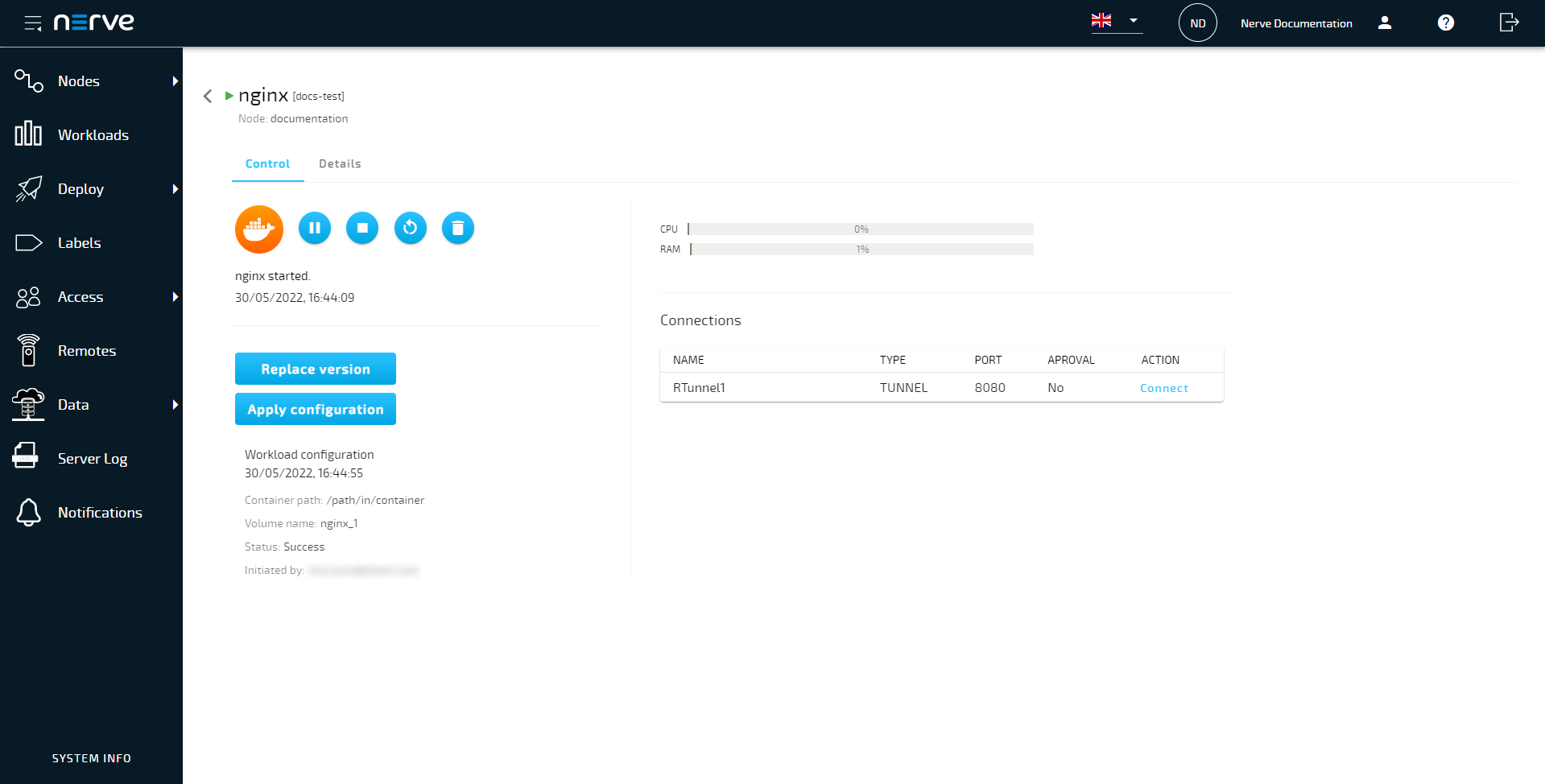 Workload configuration message window