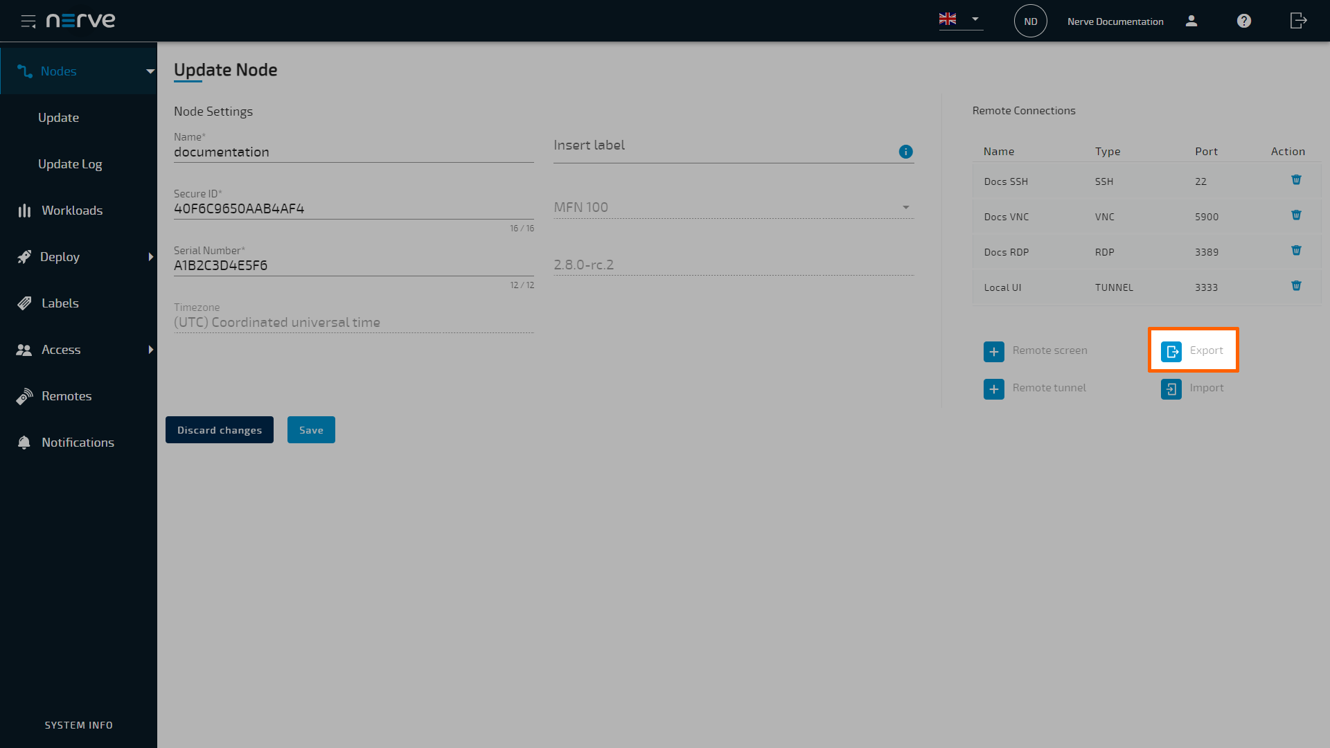 Export node remote connections