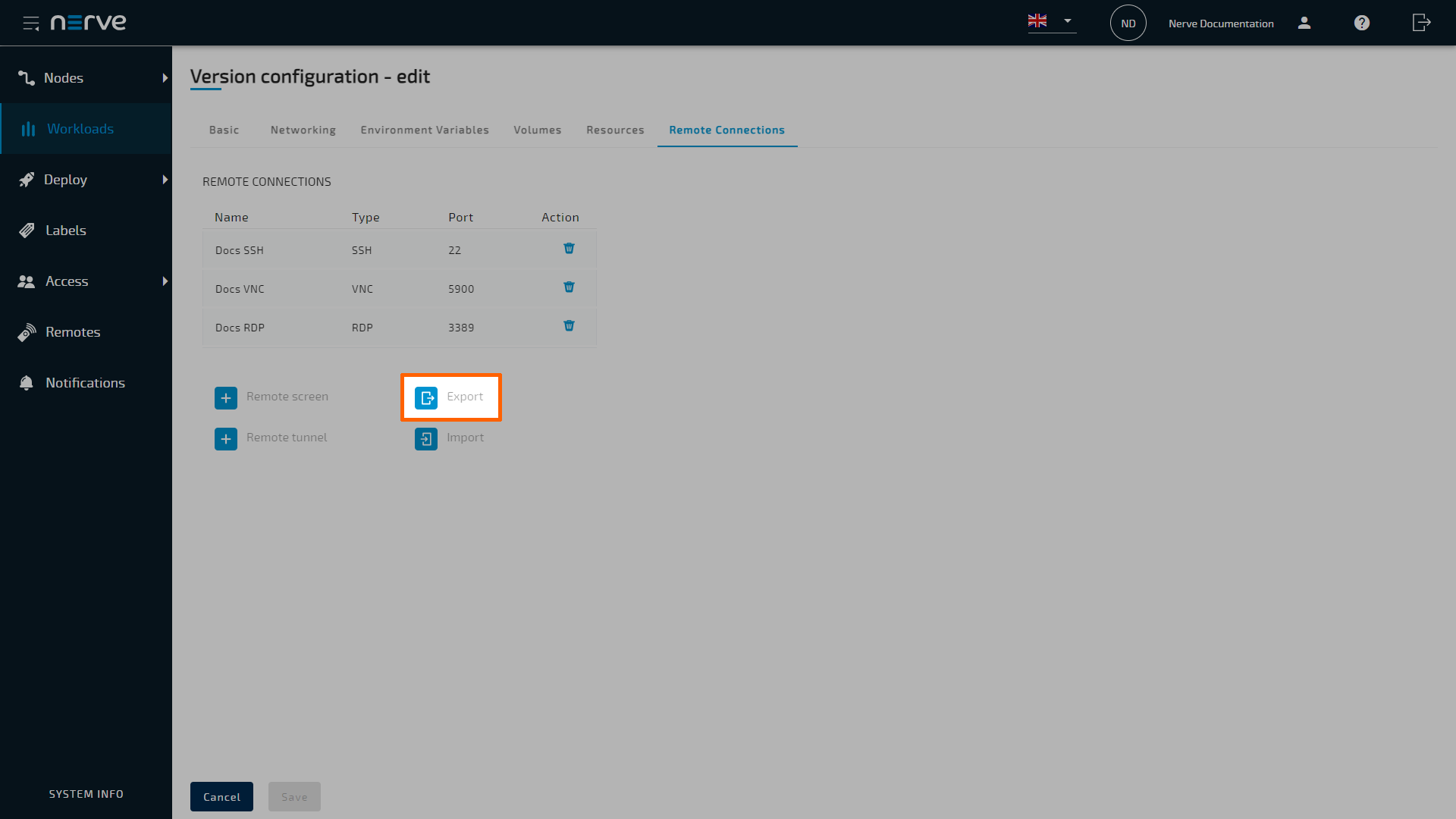 Export workload remote connections