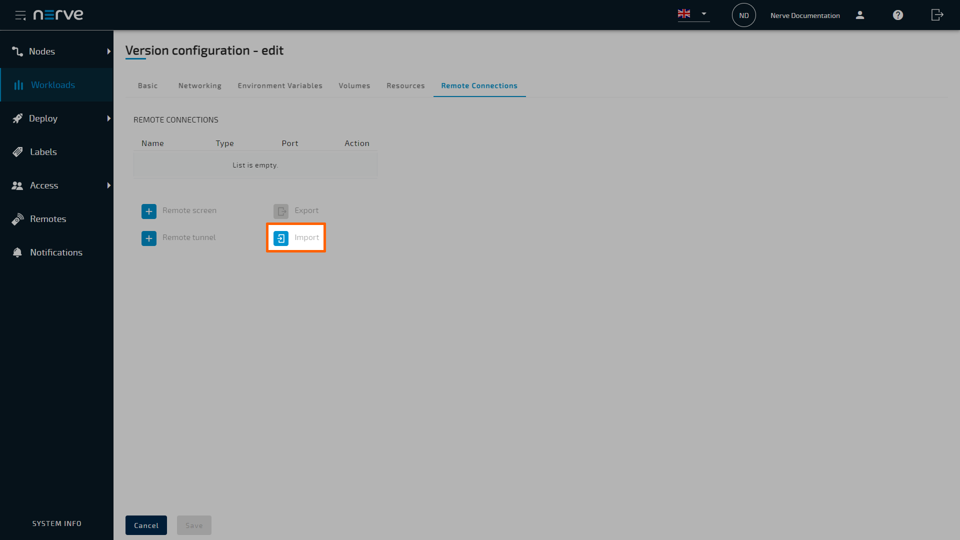 Import remote connections workload