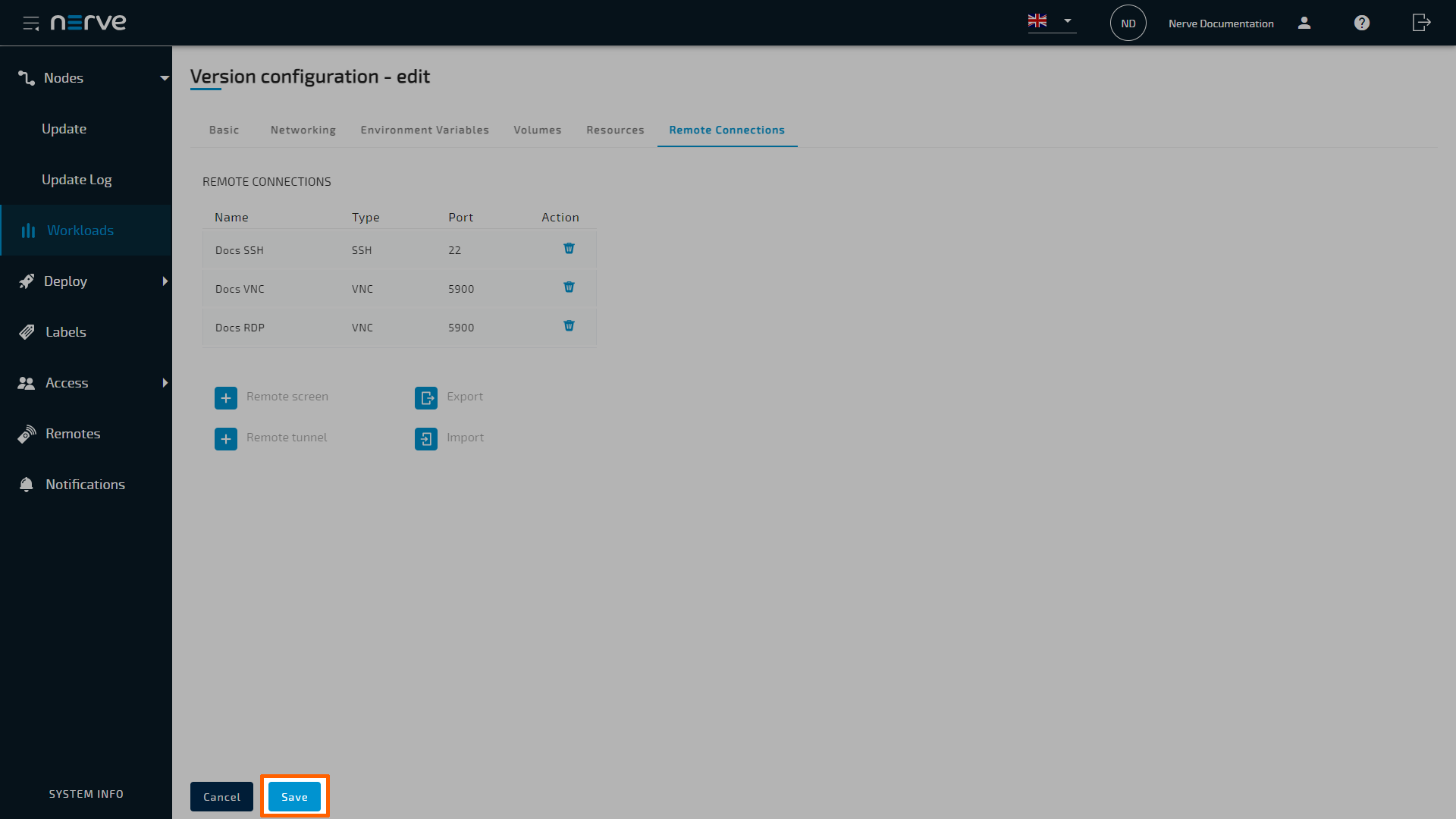 Save imported remote connections workload