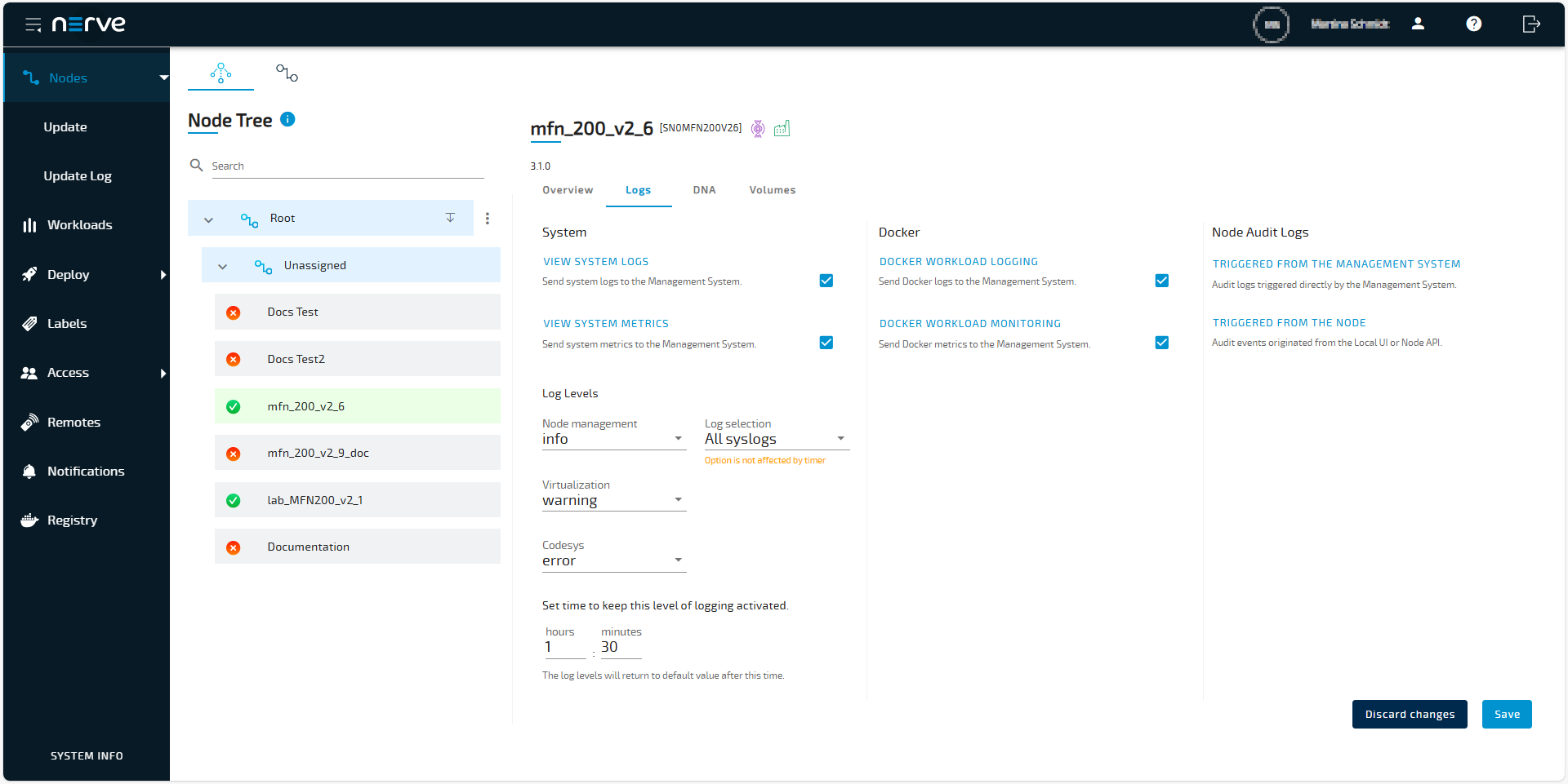 Node system logs dashboard